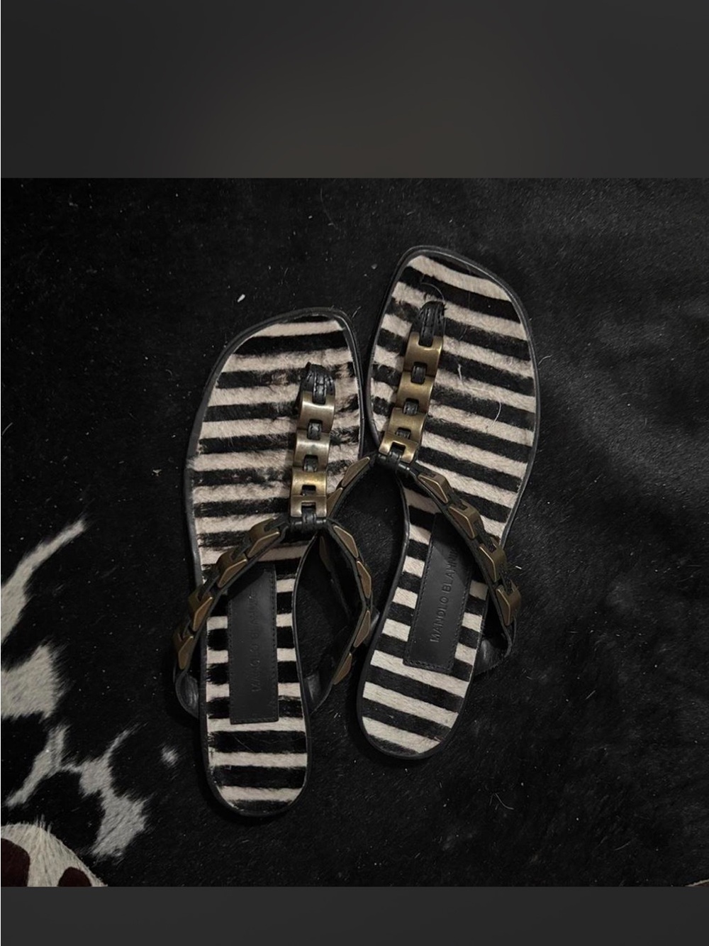 Manolo Blahnik Black and White Striped Leather Sandals with Chain Accent